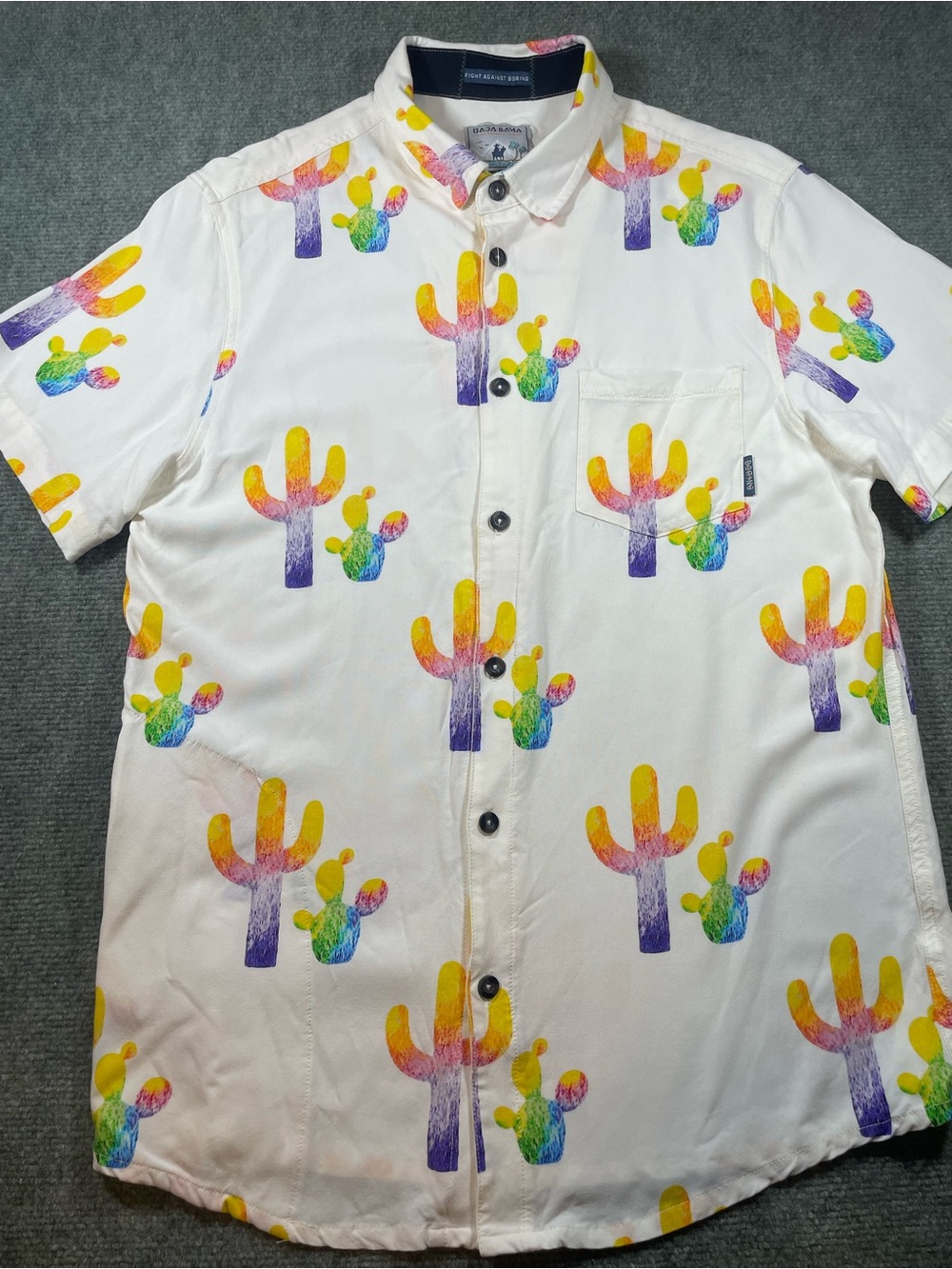 Short-Sleeve White Button-Down Shirt with Multicolor Cactus Print